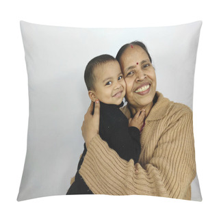 Personality  Happy Grandmother And Granddaughter Hugging Enjoying Laughing , Indian Grandparents Loves Grandchild Girl Smiling Baby Of Indian Ethnicity. Pillow Covers
