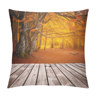 Personality  Autumn Yellow And Red Colorful Forest And Wooden Board On Foregr Pillow Covers