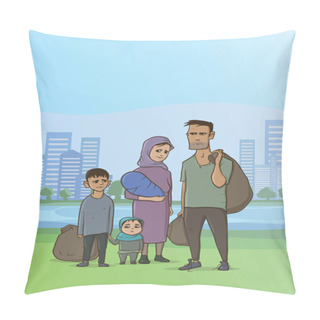 Personality  Family Homeless Or Refugees, A Man And A Woman With Children In The Big City. Vector Illustration With Copyspace. Pillow Covers