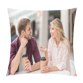 Personality  Happy Woman With Paper Cup Of Coffee Gesturing By Hand And Talking To Boyfriend At Table In Cafe  Pillow Covers