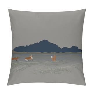 Personality  Red Foxes Vector Minimalistic Animals In A Field With Tall Grass. Landscape With Mountains. Animal Print. Pillow Covers