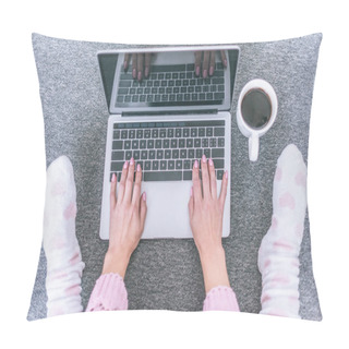 Personality  Top View Of Female Blogger Typing On Laptop Keyboard Near Cup Of Coffee Pillow Covers