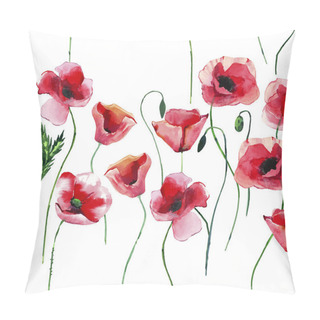 Personality  Bright Beautiful Wonderful Summer Autumn Herbal Floral Red Poppies Flowers With Green Leaves Pattern Watercolor Hand Illustration. Perfect For Greetings Card, Textile, Wallpapers, Banners Pillow Covers