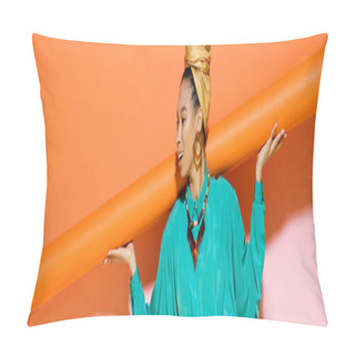Personality  Carefree African American Model With Headscarf Holding Orange Background, Banner  Pillow Covers