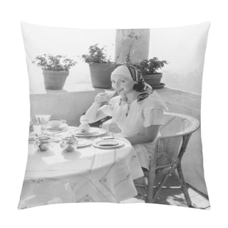 Personality  Woman Sitting On A Verandah Having Breakfast Pillow Covers