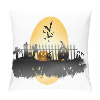 Personality  Halloween Party Banner, Full Moon, Pumpkins And Bat In The Graveyard Isolated On White Background. Holiday Party Invitation Poster, Greeting Card, Party Invitation, Vector Illustration. Pillow Covers