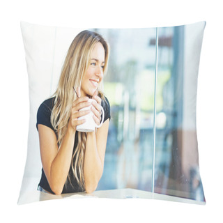 Personality  Woman Drinking Coffee In The Morning At Restaurant Pillow Covers