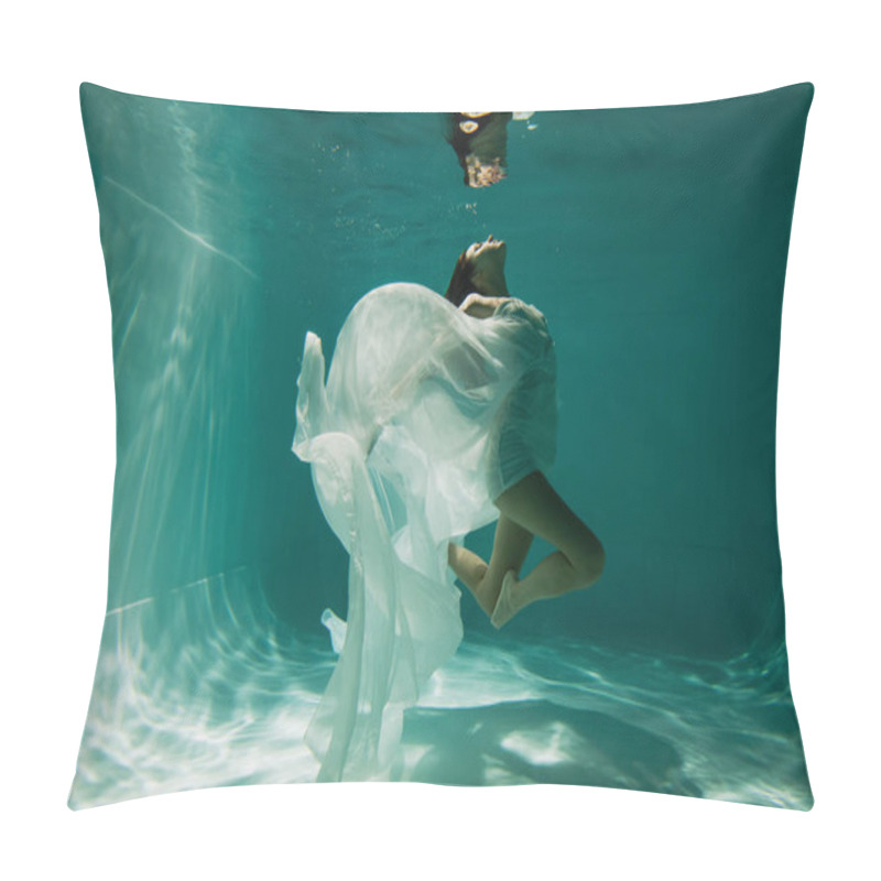 Personality  peaceful young woman in white elegant dress swimming in pool  pillow covers