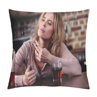 Personality  Portrait Of Woman Smoking Cigarette While Sitting At Table With Glass Of Alcohol At Home Pillow Covers