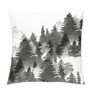 Personality  Black And White Watercolor Silhouette Of Conifer Tree, Monochrom Pillow Covers