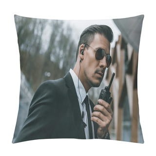 Personality  Serious Handsome Security Guard Talking By Portable Radio Pillow Covers