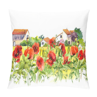 Personality  Floral Border With Poppies, Rural Farm Houses. Watercolor Meadow Flowers, Grass, Herbs. Seamless Strip Frame Pillow Covers