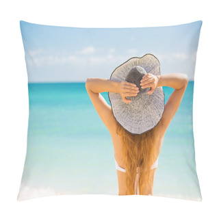 Personality  Woman Enjoying Beach Relaxing Joyful In Summer By Tropical Blue Water Pillow Covers