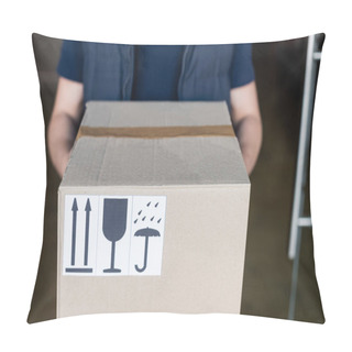 Personality  Cropped View Of Courier Holding Carton Box With Signs In Hallway  Pillow Covers