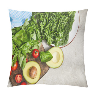 Personality  Top View Of Fabric Near Plate With Greenery And Cutting Board With Cherry Tomatoes, Basil Leaves And Avocado Halves On Grey Pillow Covers