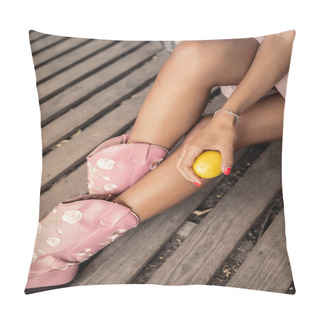 Personality  Top View Of Young African American Woman In Summer Dress And Boots Holding Ripe Lemon And Spending Time In Indoor Garden, Chic Woman In Tropical Garden, Summer Concept Pillow Covers