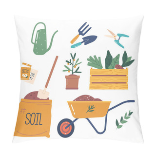 Personality  Set Of Isolated Gardening Items, Sack With Soil, Seeds, Wheelbarrow And Wooden Box With Ripe Vegetable Crop, Rake, Scissors And Shovel Tools, Potted Plant And Watering Can. Cartoon Vector Illustration Pillow Covers