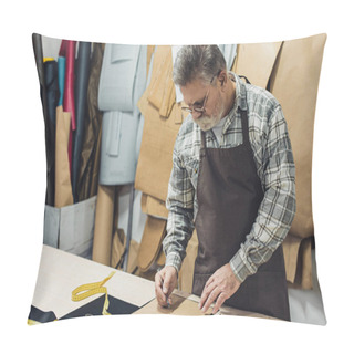 Personality  Mature Male Leather Handbag Craftsman In Apron And Eyeglasses Working At Studio Pillow Covers