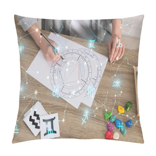 Personality  Cropped View Of Woman Drawing Natal Chart By Zodiac Signs And Constellations Pillow Covers