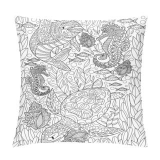 Personality  Aquatic Animals Dolphin Seahorse Turtle Fishes With Shells Colorless Line Drawing. Different Ocean Creatures Swimming Underwater Coloring Book Page. Pillow Covers