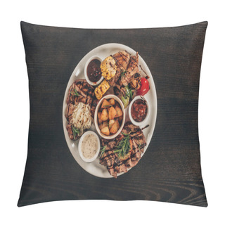 Personality  Top View Of Plate With Beef Steaks, Chicken Wings And Grilled Vegetables On Wooden Table Pillow Covers