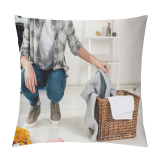 Personality  Cropped View Of Woman Putting Clothes To Basket In Laundry Room Pillow Covers