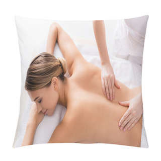 Personality  High Angle View Of Masseur Massaging Back Of Pleased Client On Massage Table  Pillow Covers