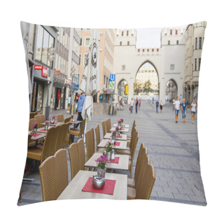 Personality  Munich, Germany, On August 16, 2018. Tables Of Street Cafe In The Old City Of The Bavarian Capital  Pillow Covers