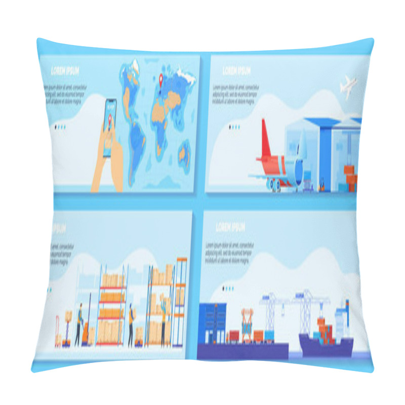 Personality  Global chain supply, logistic delivery service vector illustration, cartoon flat infographic cargo shipment banner collection pillow covers