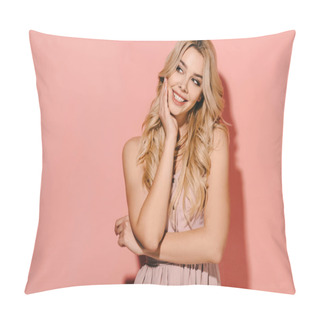 Personality  Attractive And Blonde Woman In Pink Dress Smiling And Looking Away Pillow Covers
