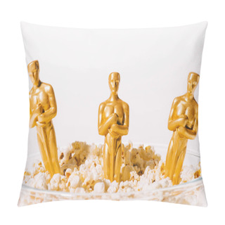 Personality  KYIV, UKRAINE - JANUARY 10, 2019: Hollywood Oscar Award Statuettes In Bowl Of Popcorn Isolated On White  Pillow Covers