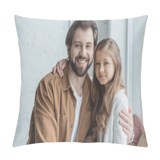 Personality  Happy Father And Daughter Looking At Camera At Home  Pillow Covers
