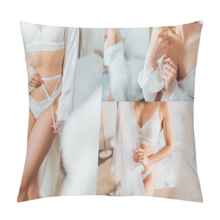 Personality  Collage Of Seductive Bride In Lingerie Holding Veil And Wearing Silk Robe At Home  Pillow Covers