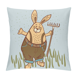 Personality  Easter Bunny The  Gardener  With A Rake Vector Illustration Pillow Covers