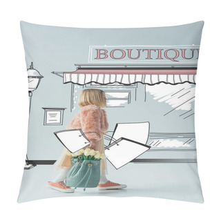 Personality  Side View Of Cute Kid With White Tulips And Shopping Bags Looking At Fairy Boutique On Street On Grey Background Pillow Covers