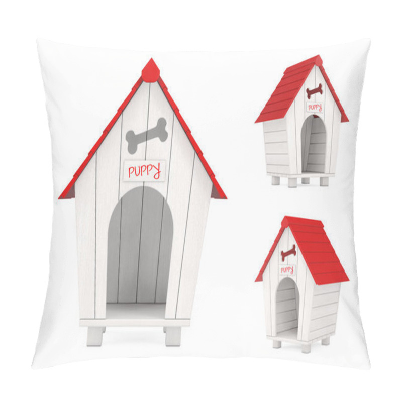 Personality  Wooden Cartoon Dog House With Red Roof And Puppy Sign. 3d Render Pillow Covers