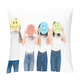 Personality  Multicultural Friends In White T-shirts Holding Round, Multicolored Signs With Different Face Expressions Isolated On White Pillow Covers