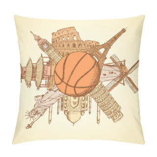 Personality  Famous Architecture Buildings Around Basketball Ball Pillow Covers