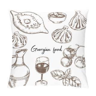 Personality  Vector Drawing, Set Of Dishes Of Georgian Cuisine. Georgian Food, Khachapuri, Khinkali, Wine And Sauce. Sketch Illustration, Graphics, Engraving. Pillow Covers