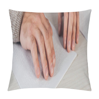 Personality  Cropped View Of Bind Man Reading Braille Font On Paper At Table, Panoramic Shot Pillow Covers