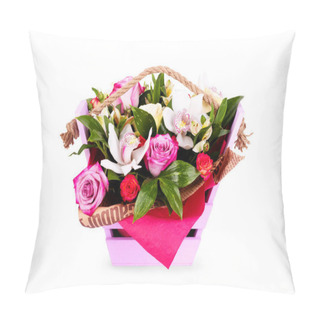 Personality  Beautiful Bouquet In A Wooden Box On A White Background Pillow Covers