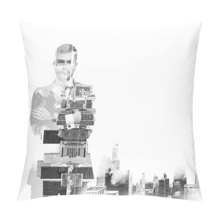 Personality  Abstract Black And White Image Of Transparent Businessman's Silhouettes. New York Cityscape. Isolated. Pillow Covers