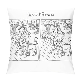 Personality  Carriageway, Street In The City, Pedestrian Crossing, Children With A Dog Cross The Street On A Traffic Light, Illustration For Coloring, Find The Ten Differences Solution, For Children Pillow Covers