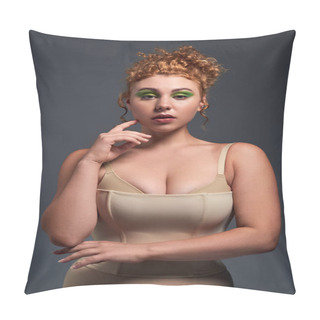 Personality  Portrait Of Young Redhead And Curvy Woman In Bra And Corset Looking At Camera On Dark Grey Backdrop Pillow Covers