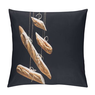 Personality  Loaves Of Fresh Baked Baguettes On Ropes Isolated On Black Pillow Covers