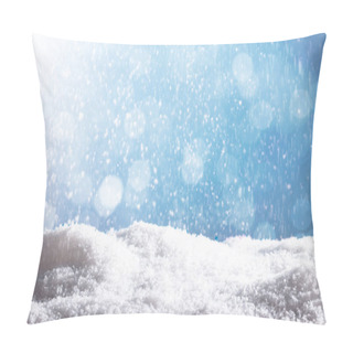 Personality  Close-up Of Snow Particles Falling Down Over A Blue Background Pillow Covers