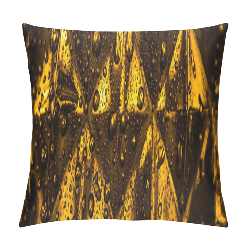 Personality  close up view of geometric faceted glass with yellow illumination in dark, panoramic shot pillow covers