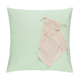 Personality  Canvas Bags With Drawstring, Mockup Of Small Eco Sack Made From Natural Cotton Fabric Cloth Flat Lay On Green Pastel Background From Top View Pillow Covers