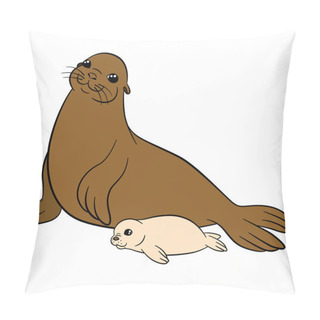 Personality  Cartoon Animals. Mother Fur Seal With Her Cute White-coat Baby. Pillow Covers