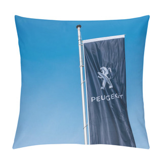 Personality  AACHEN, GERMANY MARCH, 2017: Peugeot Logo On A Flag Against Blue Sky. Peugeot Is A French Cars Brand, Part Of PSA Peugeot Citroen. Pillow Covers